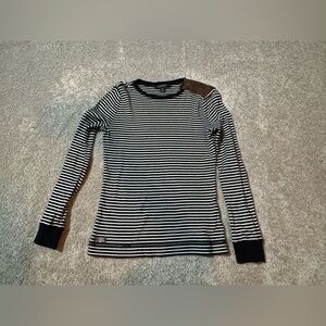 Lauren Ralph Lauren Striped Elbow Patch Top Black White Zip Shoulder